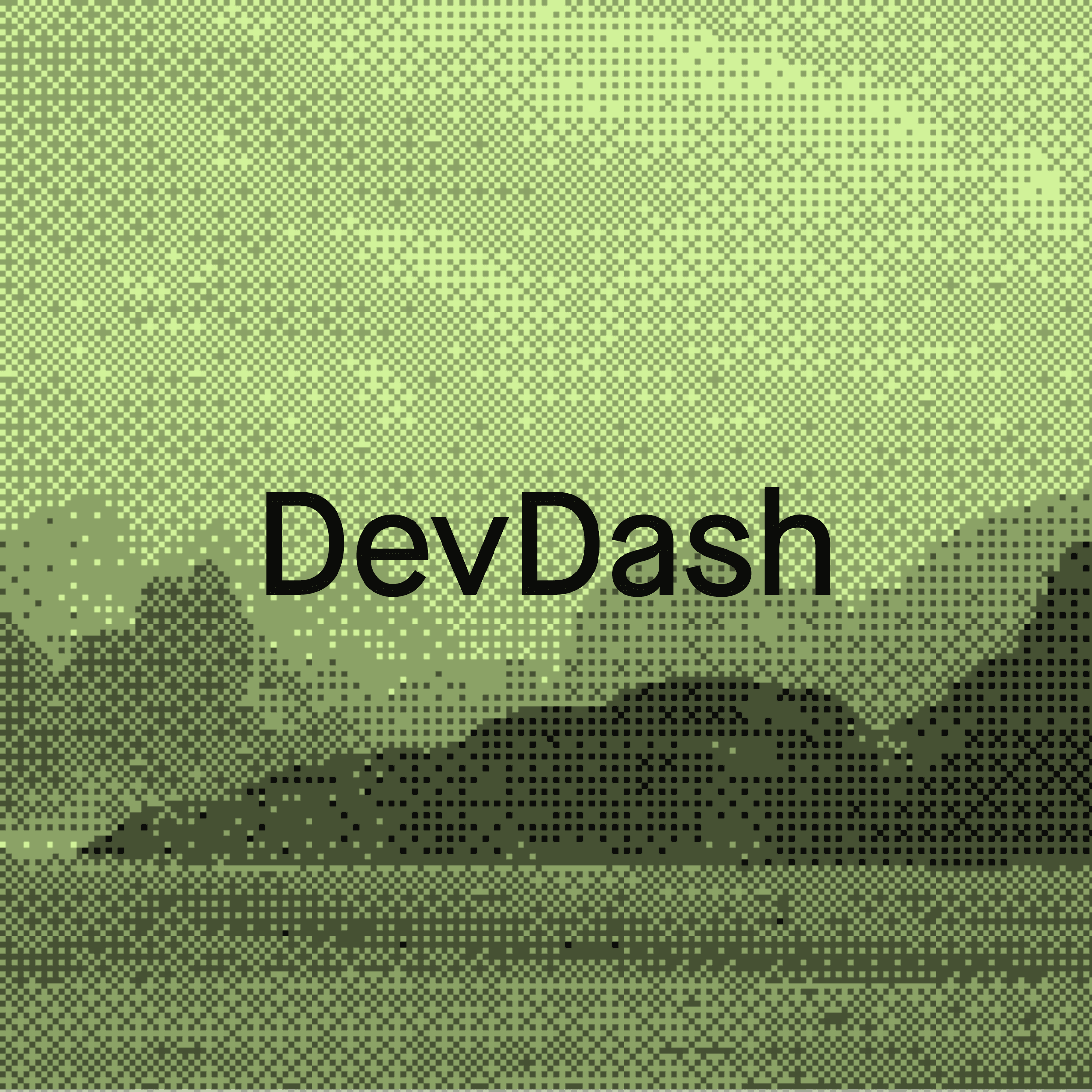 DevDash, over a pixelated green mountain landscape